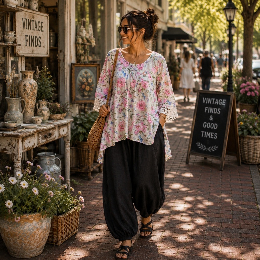 Ella Simone 2X Floral Linen Blend Pintuck Blouse Lace Sleeve Boho Plus Size